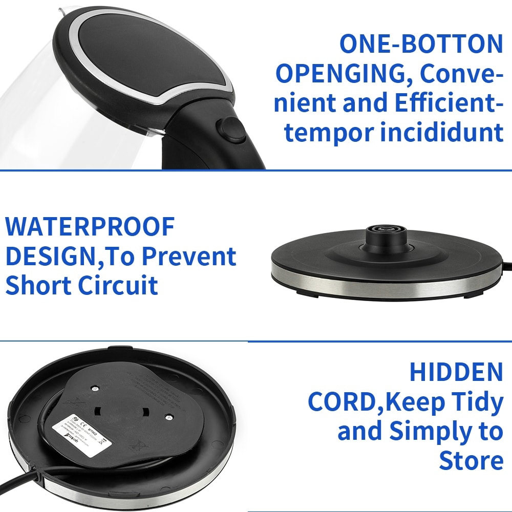 1500W 1.8L Electric Glass Tea Kettle Hot Water Kettle with Auto Shutoff Protection, Stainless Steel Lid & Bottom