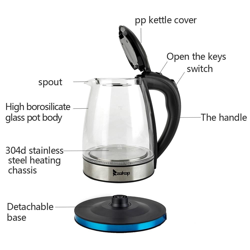1500W 1.8L Electric Kettle Water Heater, Glass Tea, Coffee Pot, Auto Shut-Off