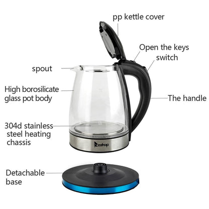 1500W 1.8L Electric Kettle Water Heater, Glass Tea, Coffee Pot, Auto Shut-Off