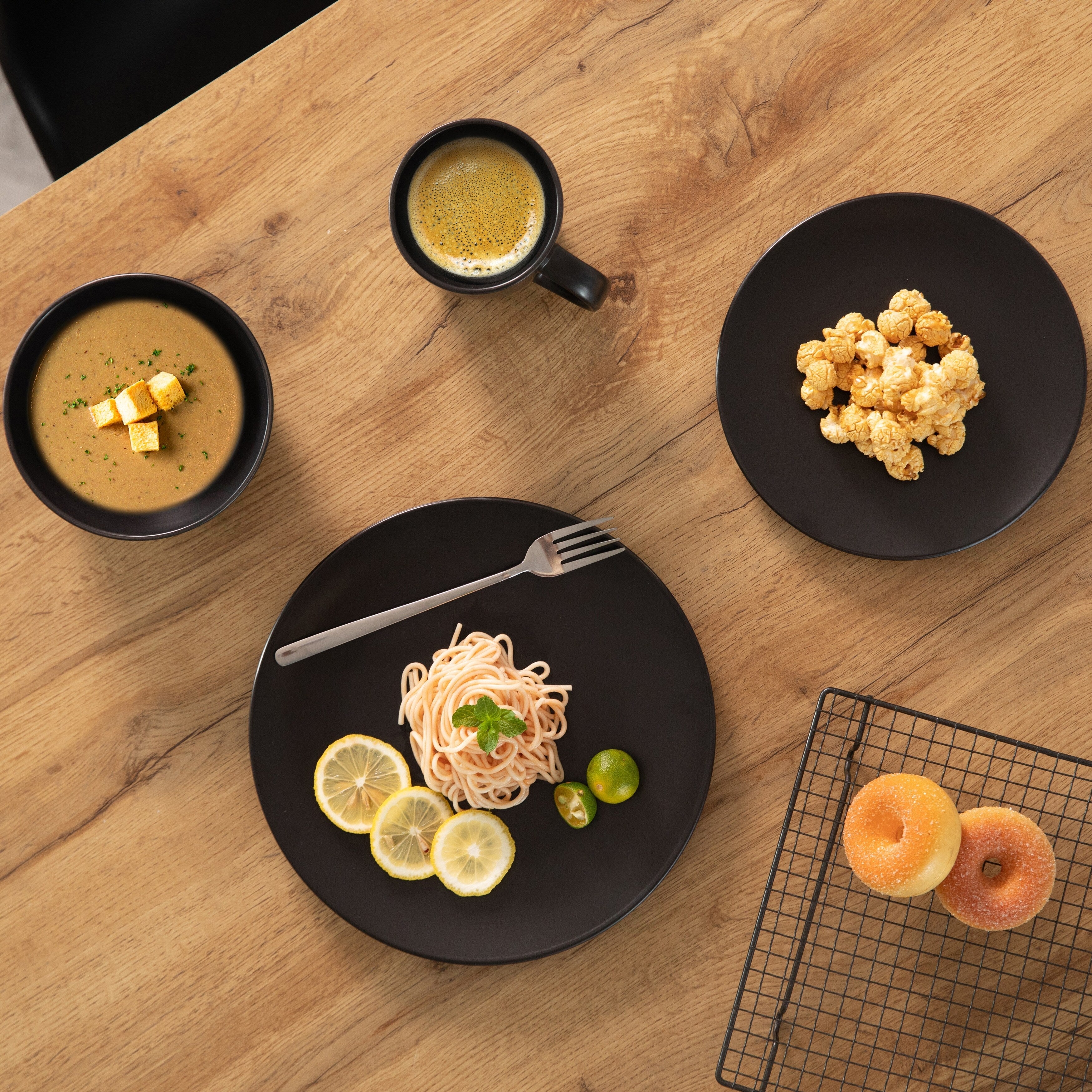 16 PC Dinnerware Dish Set for 4 Person | Mugs, Salad and Dinner Plates and Bowls Sets, Chip and Crack Resistant, Matte Black