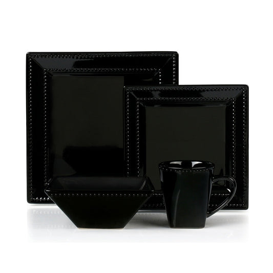 16 Piece Square Beaded Stoneware Set by Lorren Home Trends, Black