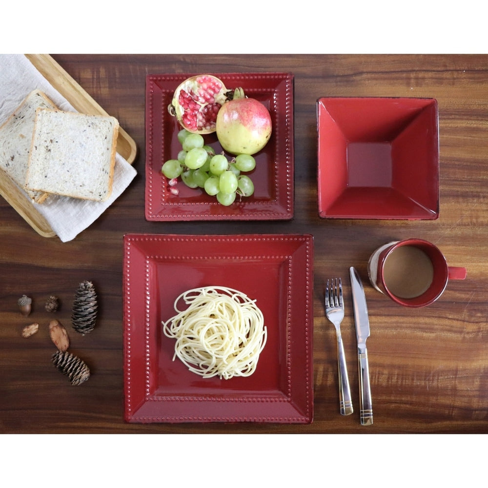 16 Piece Square Beaded Stoneware Dinnerware by Lorren Home Trends, Red