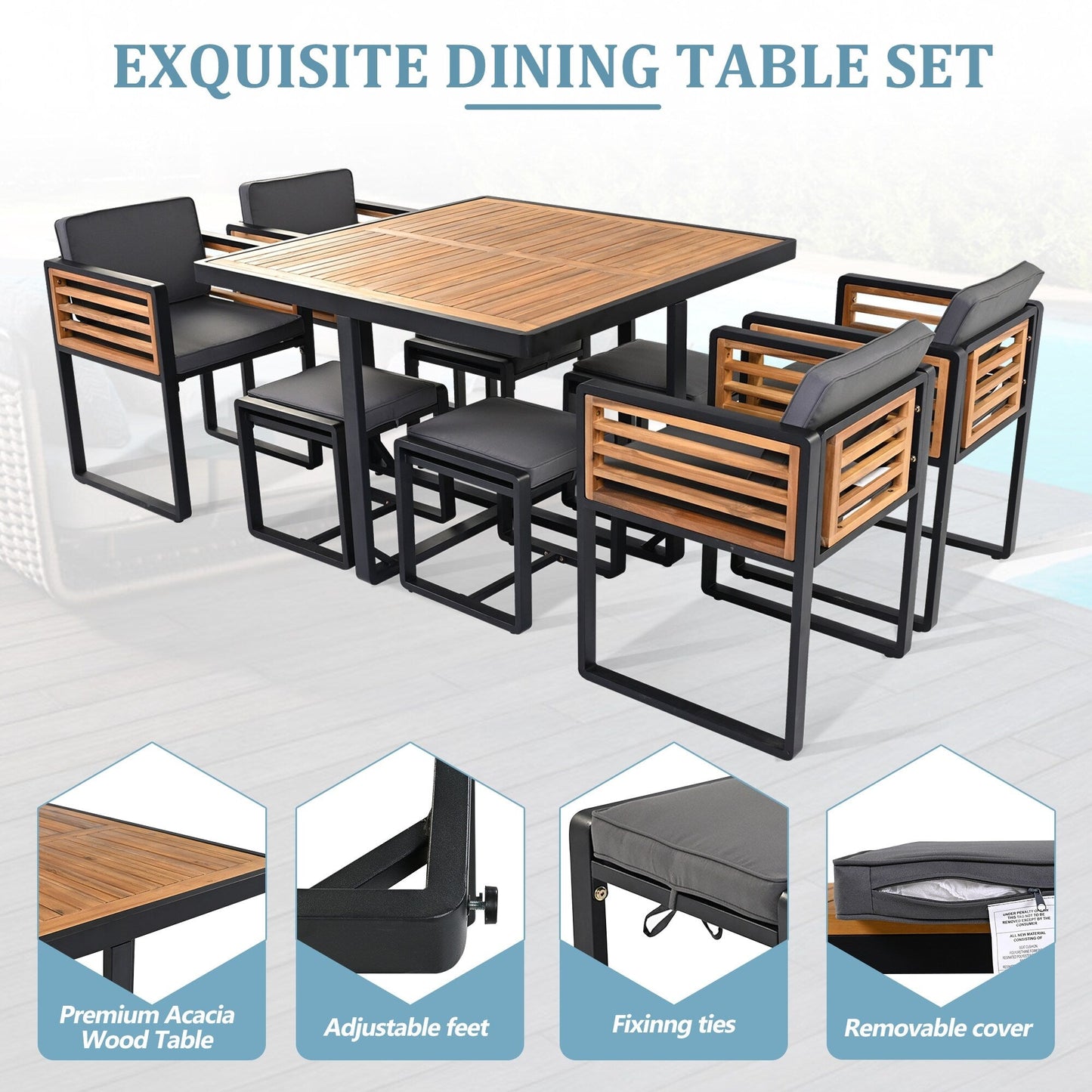 18-Pieces Acacia Wood Patio Dining Set, 8 Cushioned Chairs & 8 Ottomans & 2 Square Table
