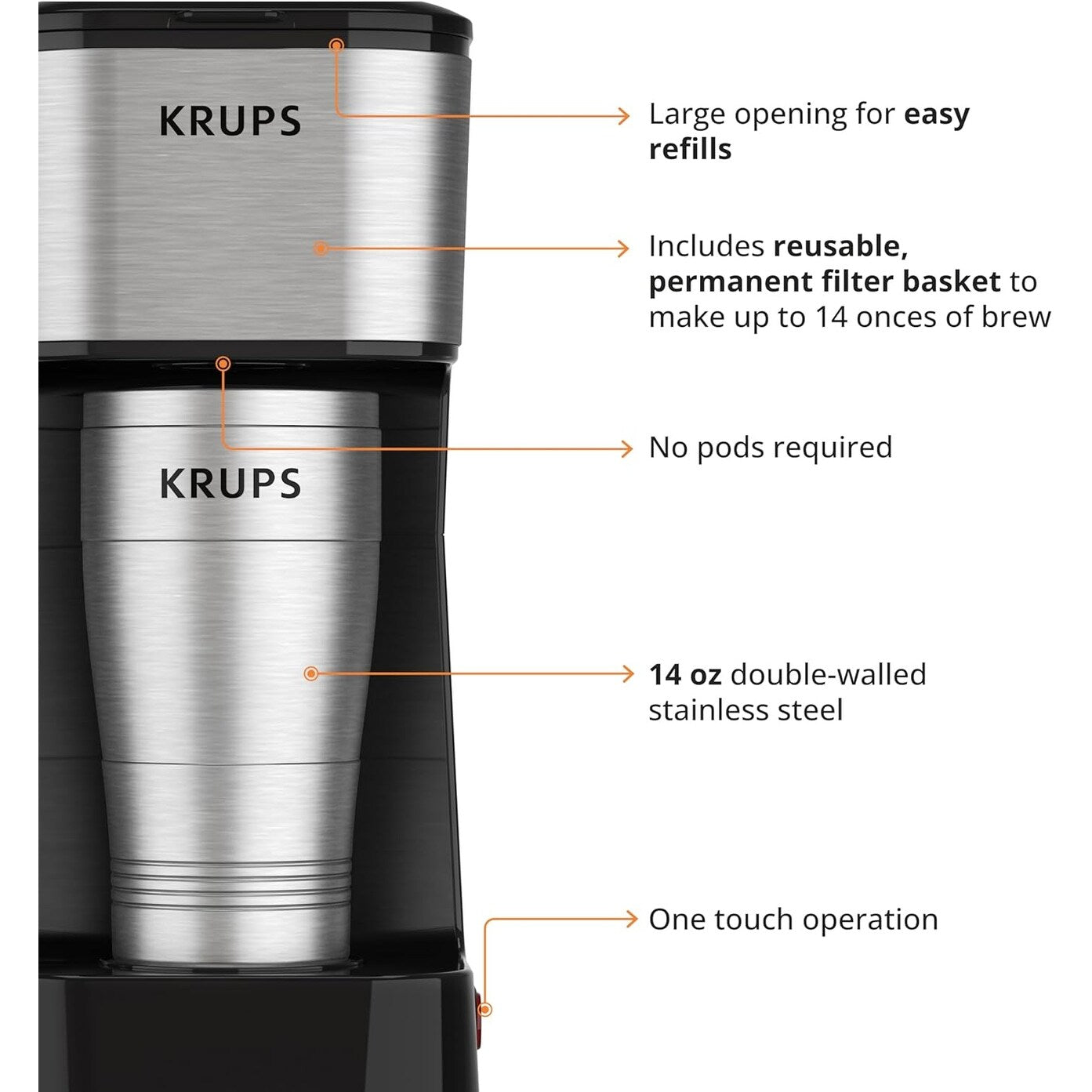 2-Cup Single Serve Coffee Maker with Travel Tumbler, 650W, Compact Stainless Steel Design