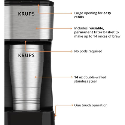 2-Cup Single Serve Coffee Maker with Travel Tumbler, 650W, Compact Stainless Steel Design