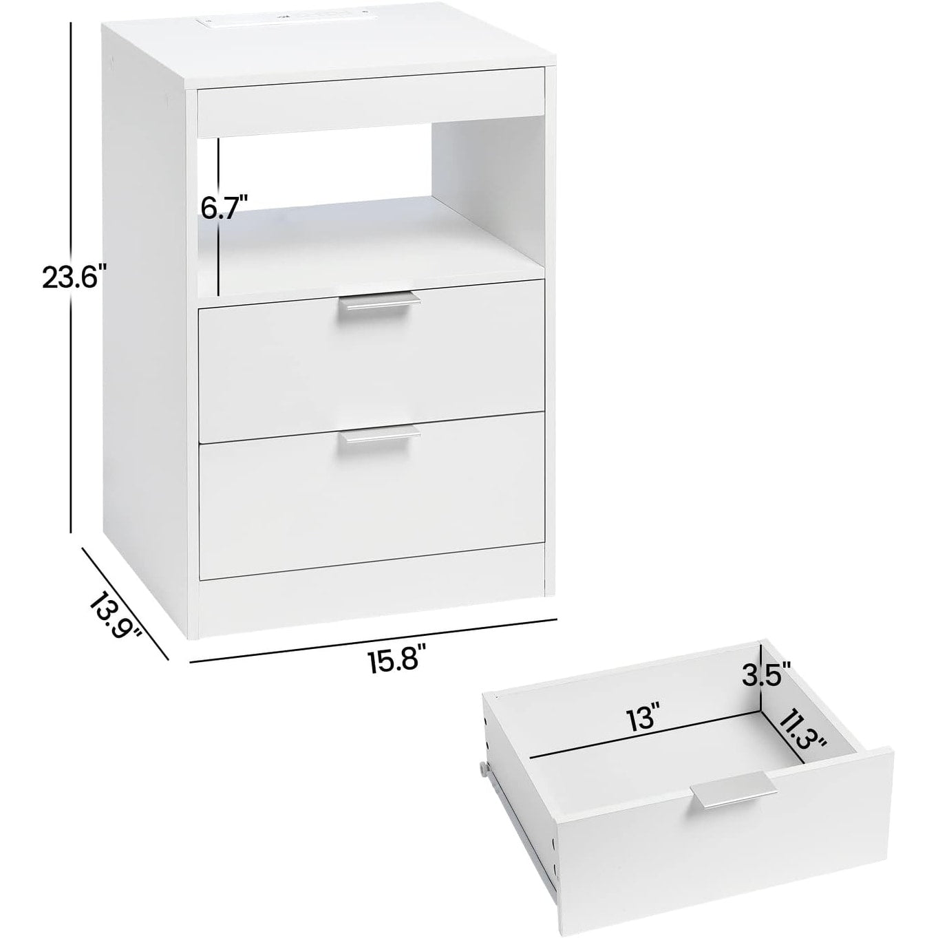 2 Drawers LED Nightstand Wireless Charging Station Pull-Out Shelf