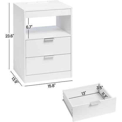 2 Drawers LED Nightstand Wireless Charging Station Pull-Out Shelf
