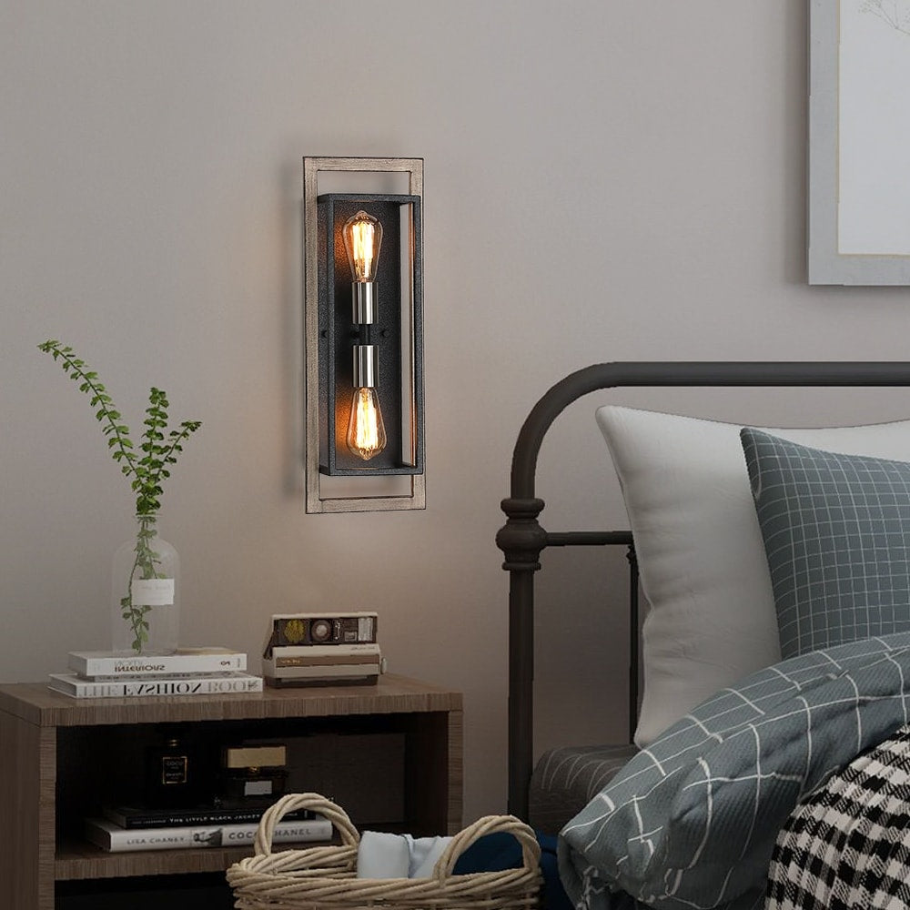 2-Light Black/Wood Tone Dimmable Rustic Farmhouse Wall Sconce - 20H x 7W x 5D - 7 in. W