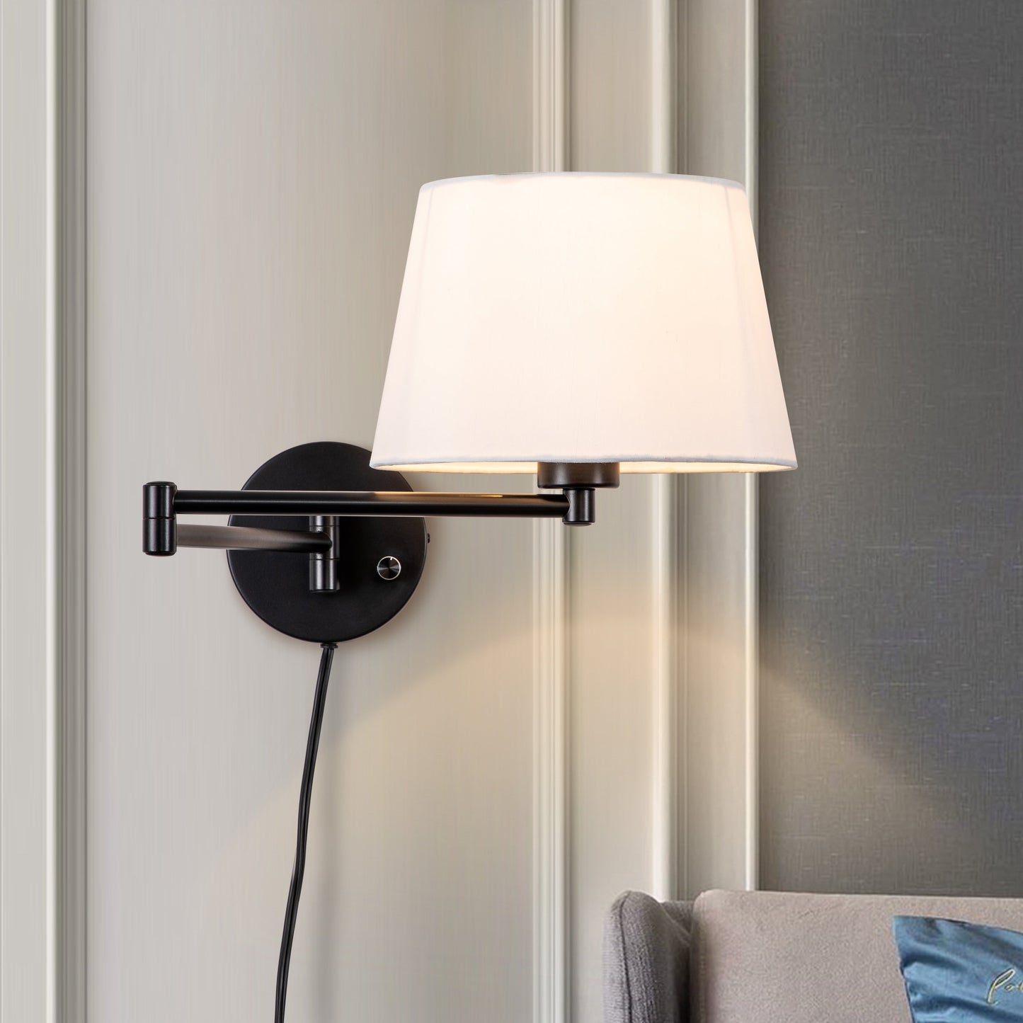 2-Pack Black Swing Arm Wall Light Plug-In with Linen Shade