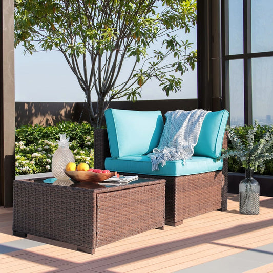Outdoor 2 Pieces Wicker Sectional Sofa Patio Cushioned Corner Chair and Side Table