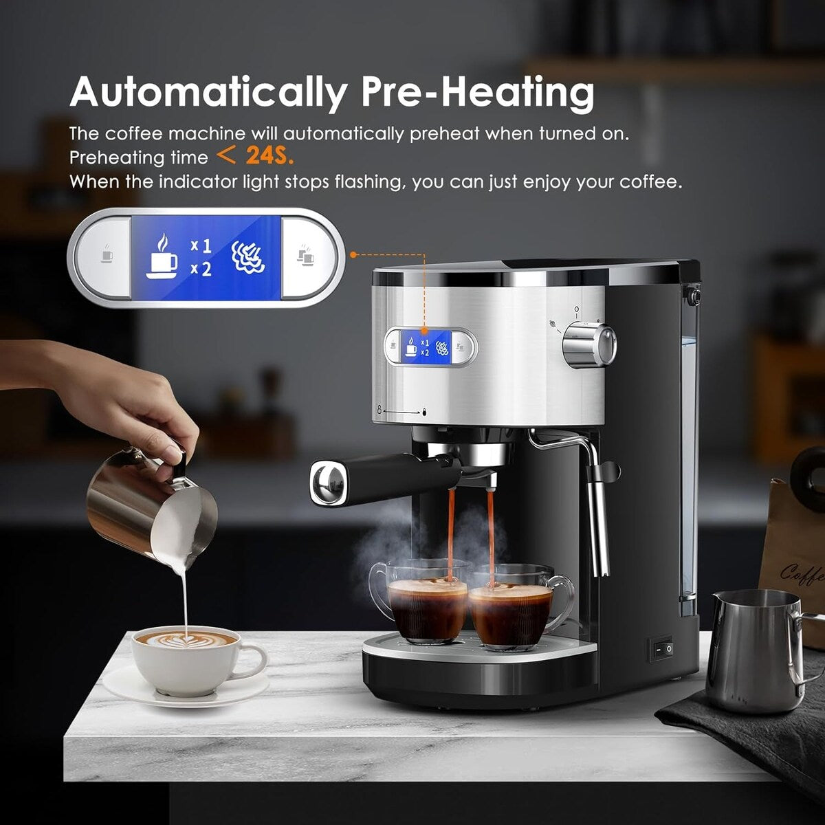 20 Bar Espresso Maker with Milk Frother Steam Wand, Cappuccino and Latte Machine for Household, Coffee Lovers Gift