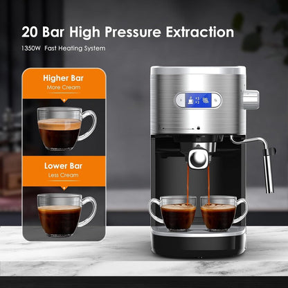 20 Bar Espresso Maker with Milk Frother Steam Wand, Cappuccino and Latte Machine for Household, Coffee Lovers Gift