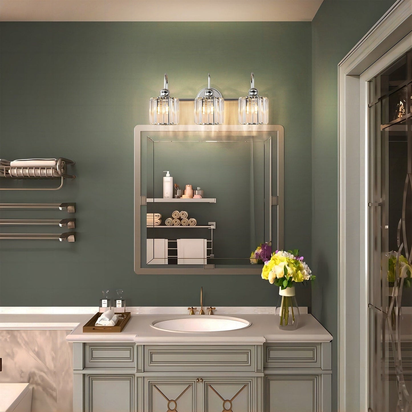 3/4-Light Modern Glam Linear Dimmable Crystal Bathroom Vanity Lights Over Mirror