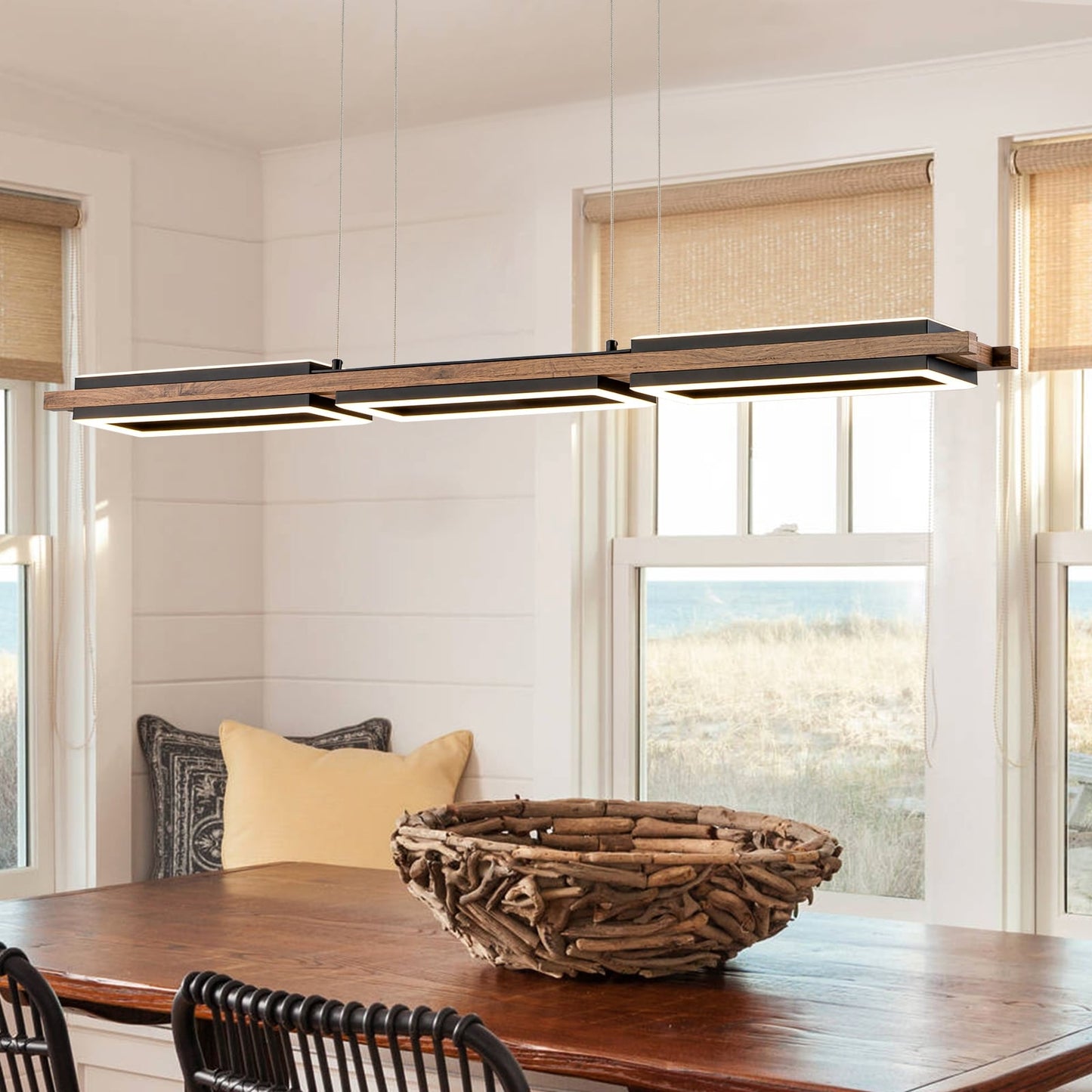 3/5-Light Integrated LED Linear Wood Chandelier Kitchen Island Pendant Light