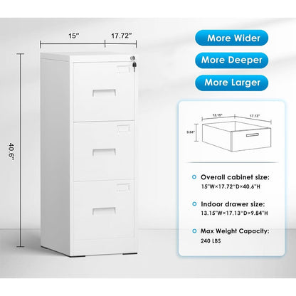 3 Drawer Metal Locking File Cabinet for Home Office, Rolling Cabinet Fully Assembled