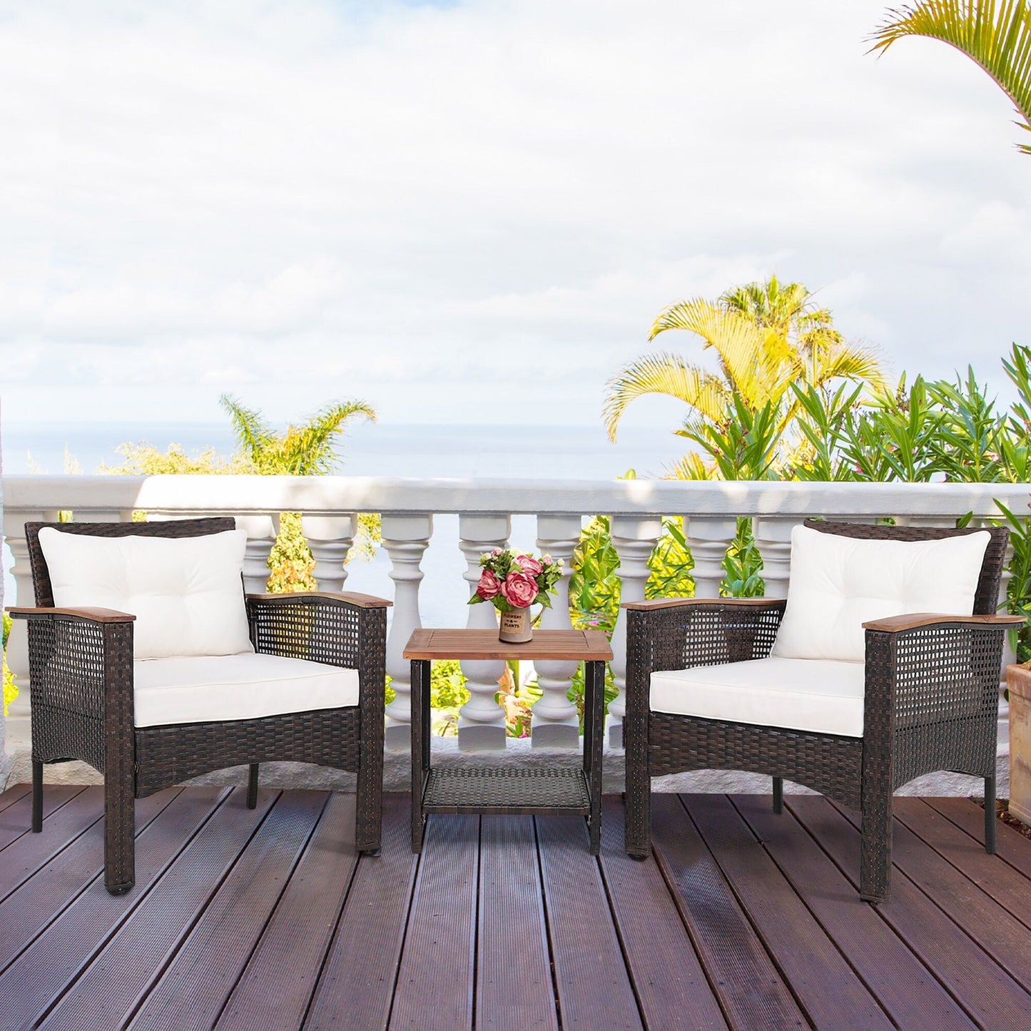 3 PCS Patio Sofa Set Rattan Conversation Set with 2 Tier Coffee Table