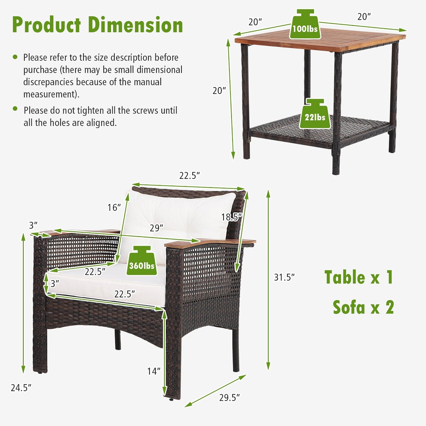 3 PCS Patio Sofa Set Rattan Conversation Set with 2 Tier Coffee Table