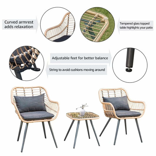 3-Piece Cushioned Bistro Set Patio Wicker Chair and Side Table
