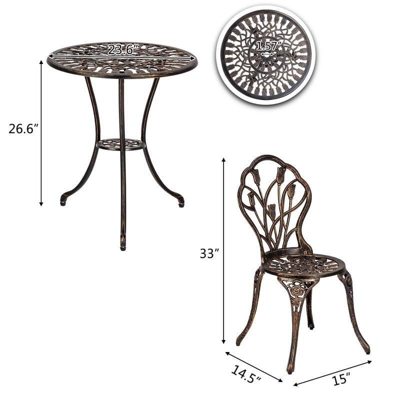 3-Piece Cast Aluminum Patio Bistro Set Outdoor Furniture Tulip Design Antique Copper Finish Rust-Resistant