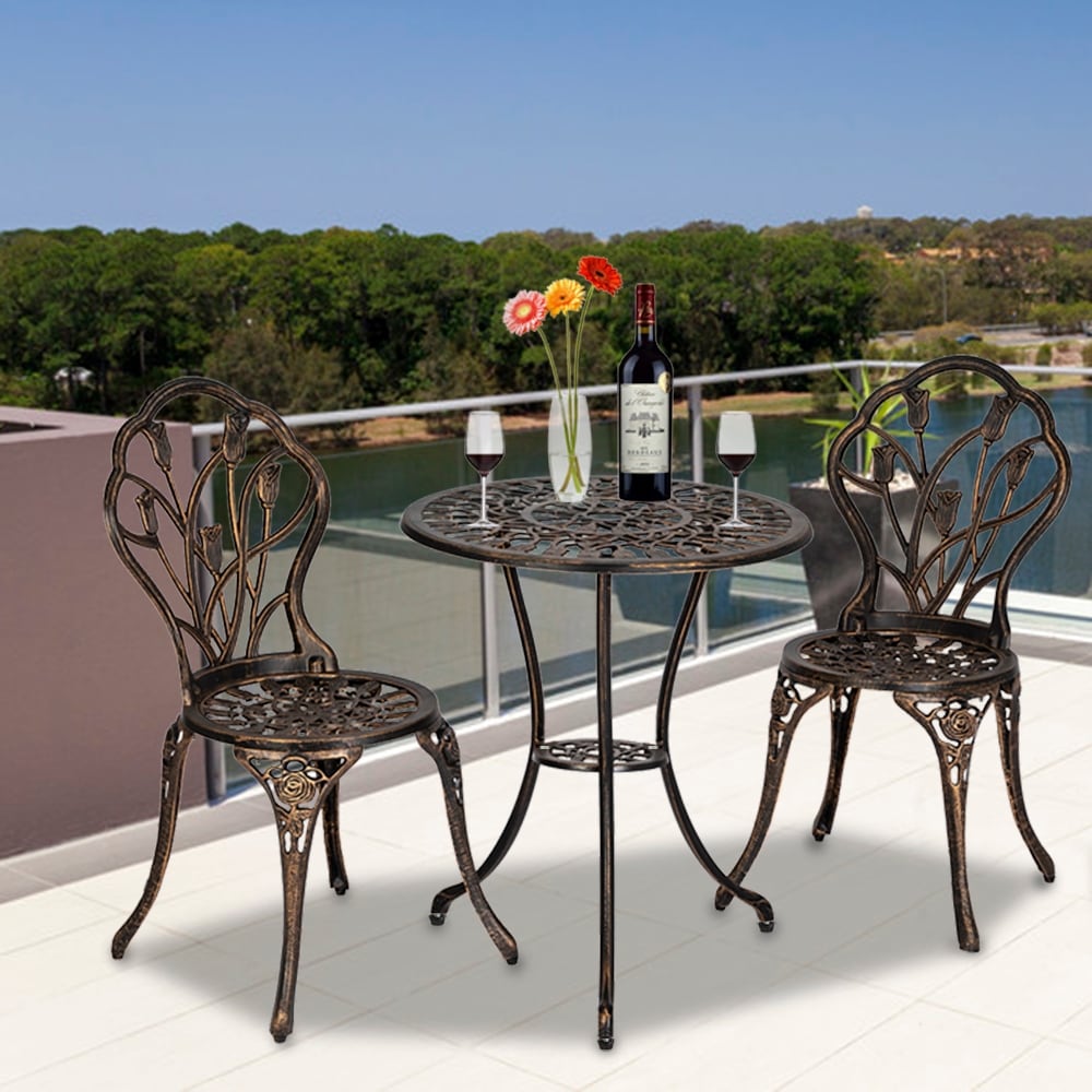 3-Piece Cast Aluminum Patio Bistro Set Outdoor Furniture Tulip Design Antique Copper Finish Rust-Resistant