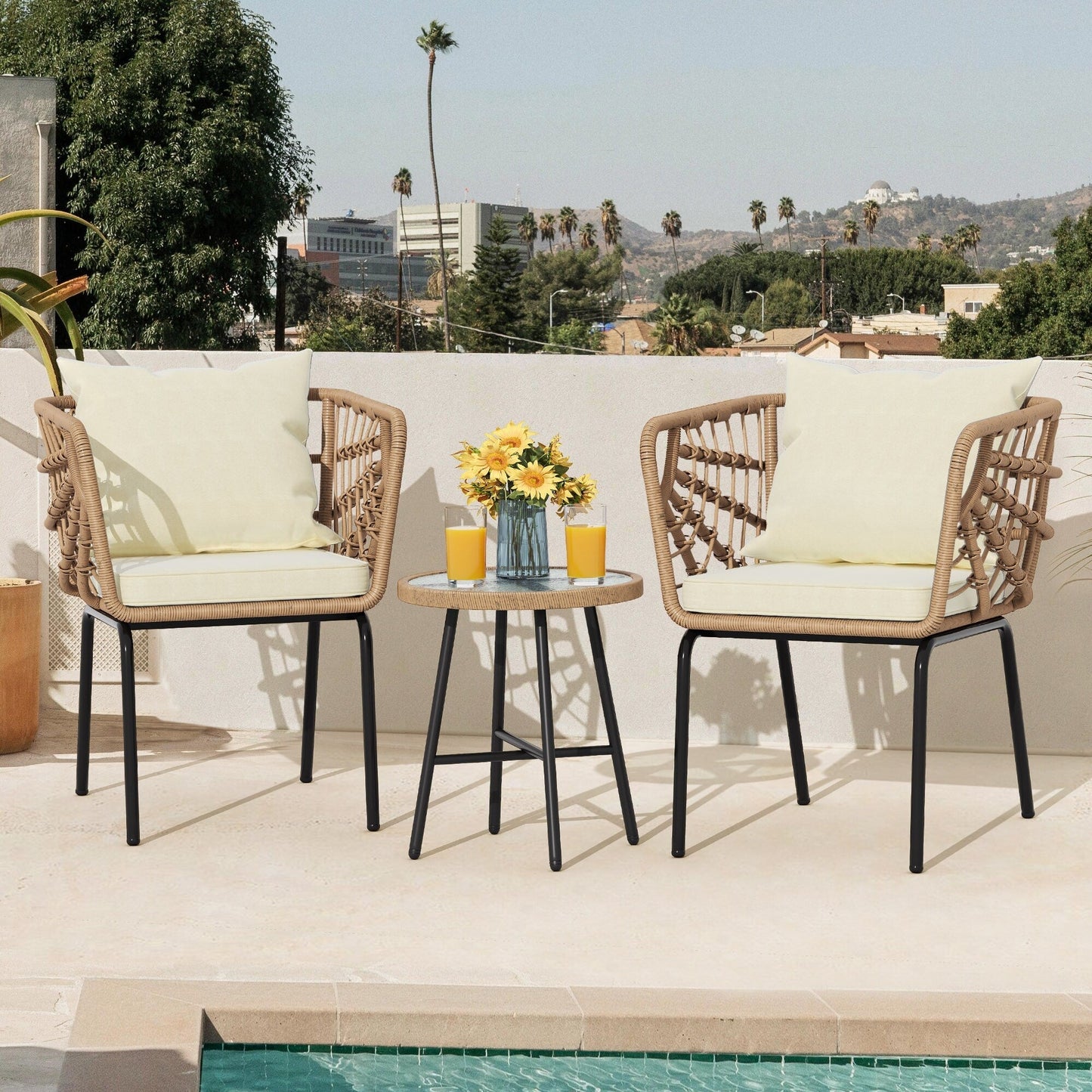 Moasis 3-Piece Cushioned Bistro Set Patio Wicker Chair and Side Table