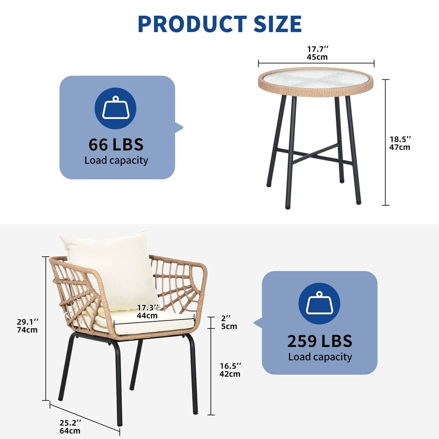 Moasis 3-Piece Cushioned Bistro Set Patio Wicker Chair and Side Table