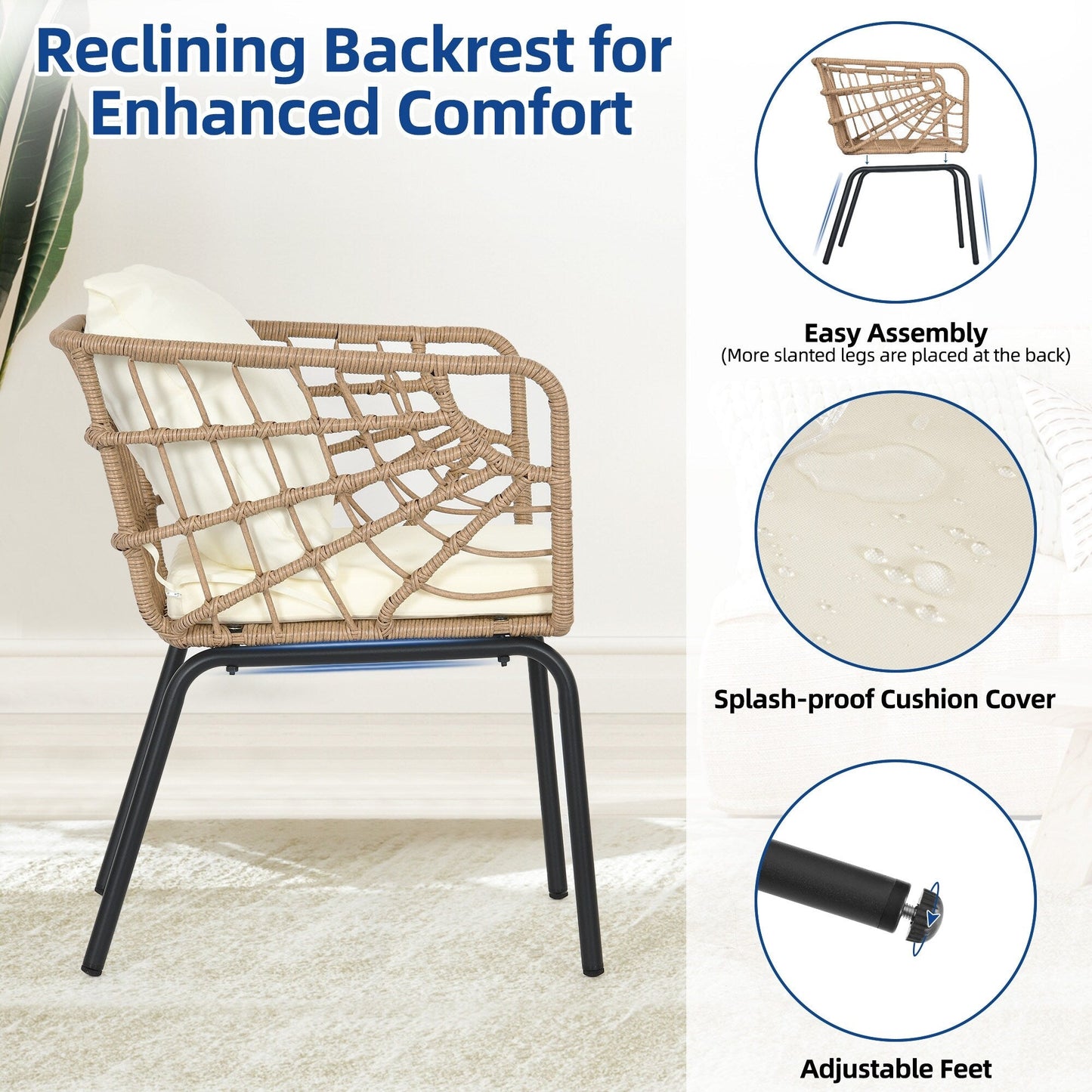Moasis 3-Piece Cushioned Bistro Set Patio Wicker Chair and Side Table
