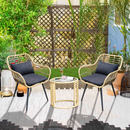 3-Piece Cushioned Bistro Set Patio Wicker Chair and Side Table