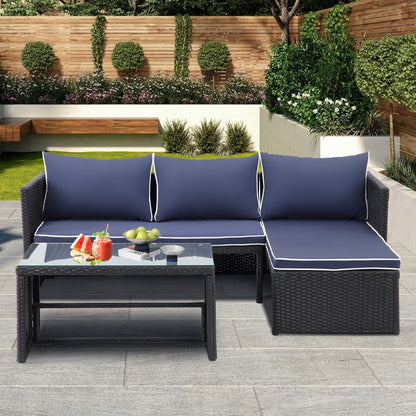 3-Piece Outdoor PE Rattan Furniture Set Patio Wicker Conversation Loveseat Sofa Sectional Couch Cushion