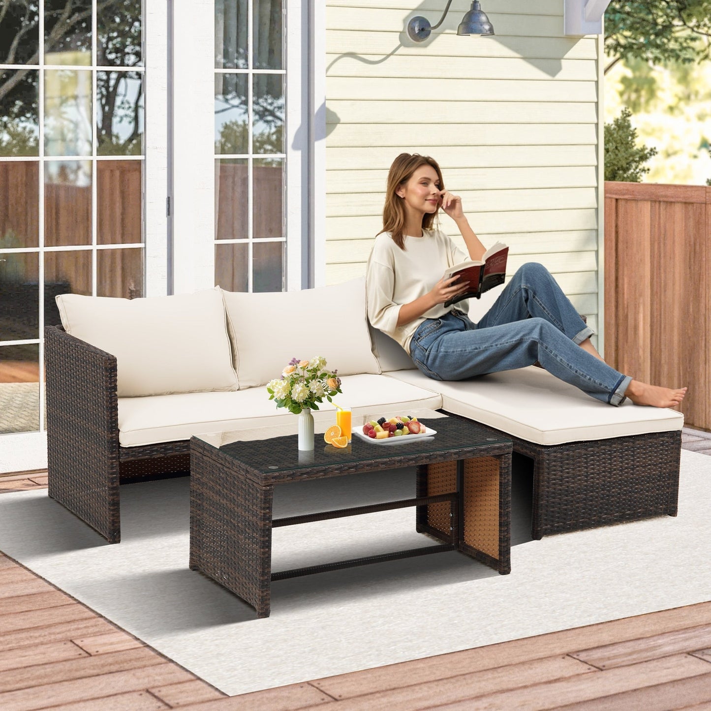 3-Piece Outdoor PE Rattan Furniture Set Patio Wicker Conversation Loveseat Sofa Sectional Couch Cushion