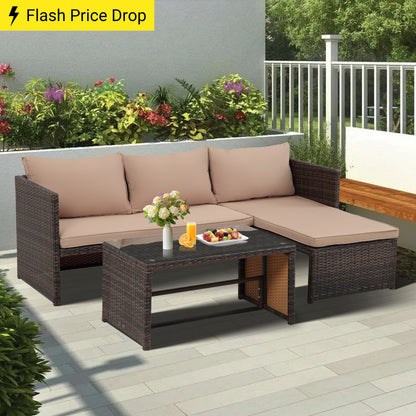 3-Piece Outdoor PE Rattan Furniture Set Patio Wicker Conversation Loveseat Sofa Sectional Couch Cushion