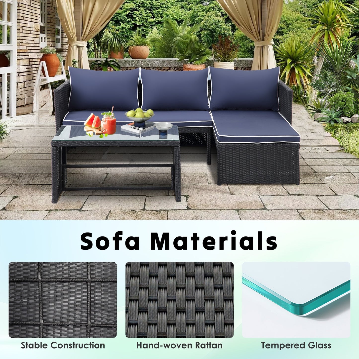 3-Piece Outdoor PE Rattan Furniture Set Patio Wicker Conversation Loveseat Sofa Sectional Couch Cushion