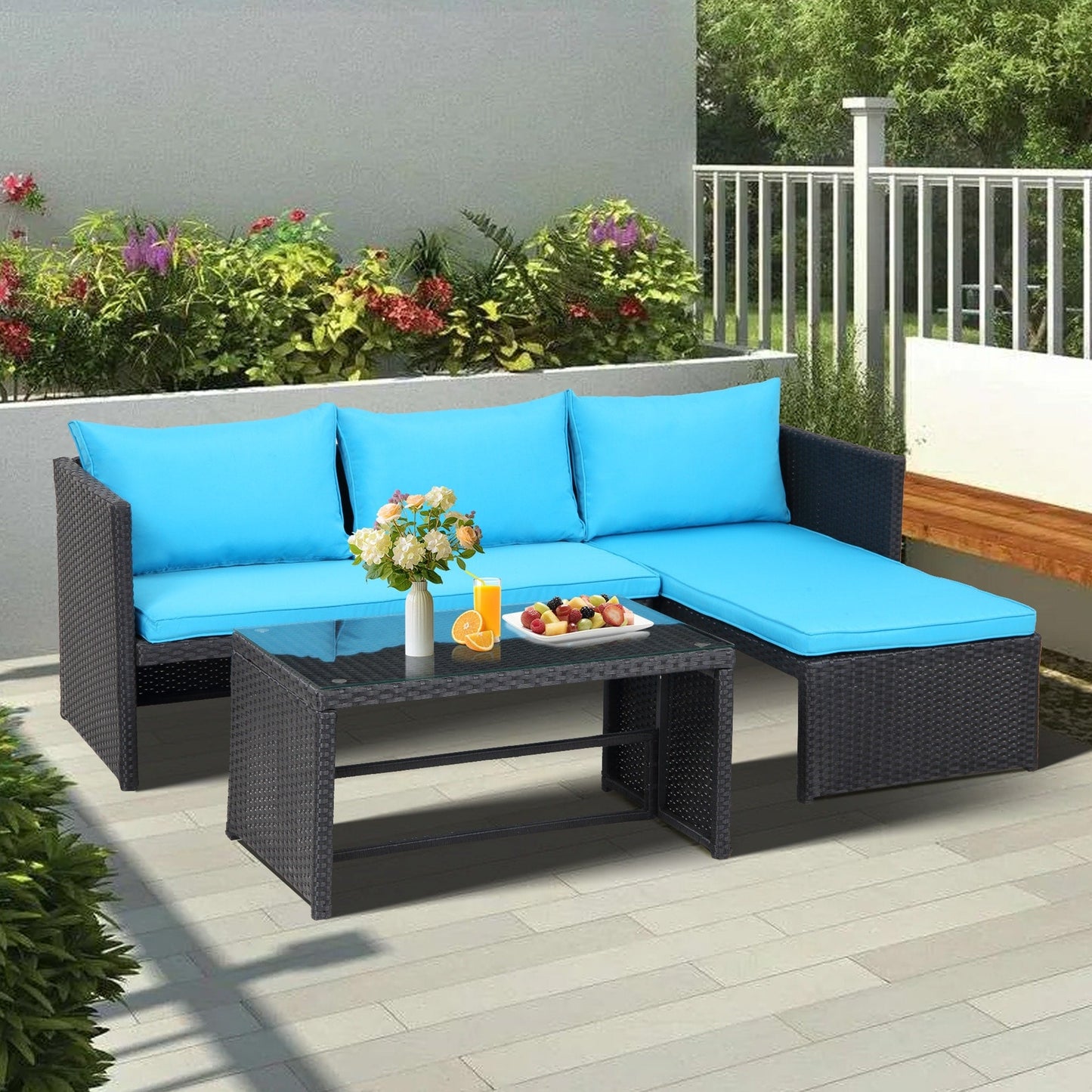 3-Piece Outdoor PE Rattan Furniture Set Patio Wicker Conversation Loveseat Sofa Sectional Couch Cushion