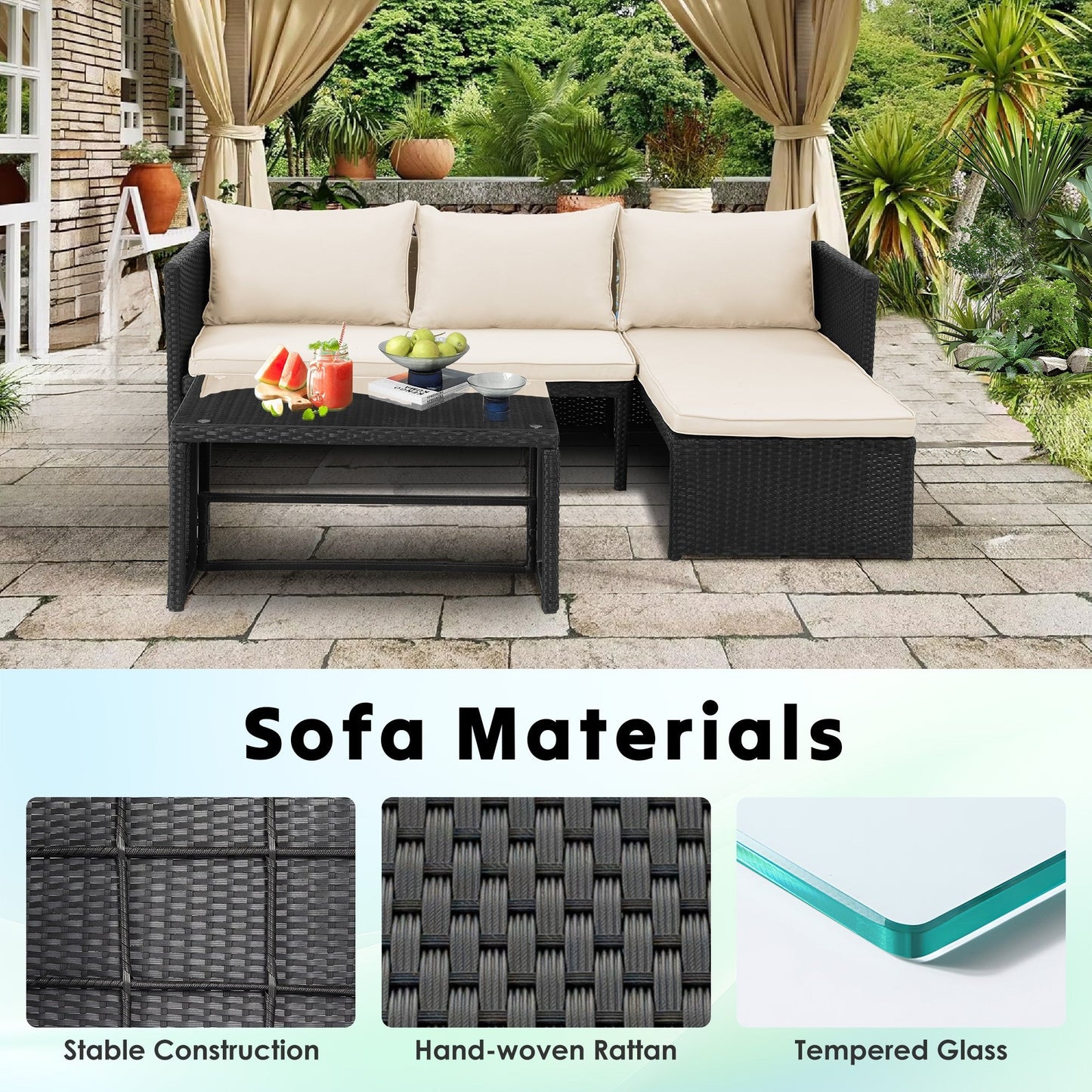 3-Piece Outdoor PE Rattan Furniture Set Patio Wicker Conversation Loveseat Sofa Sectional Couch Cushion