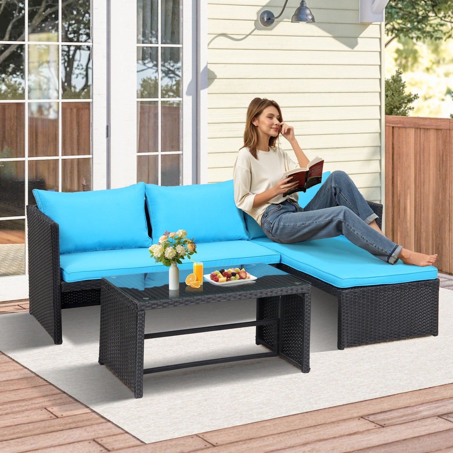 3-Piece Outdoor PE Rattan Furniture Set Patio Wicker Conversation Loveseat Sofa Sectional Couch Cushion