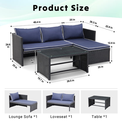 3-Piece Outdoor PE Rattan Furniture Set Patio Wicker Conversation Loveseat Sofa Sectional Couch Cushion