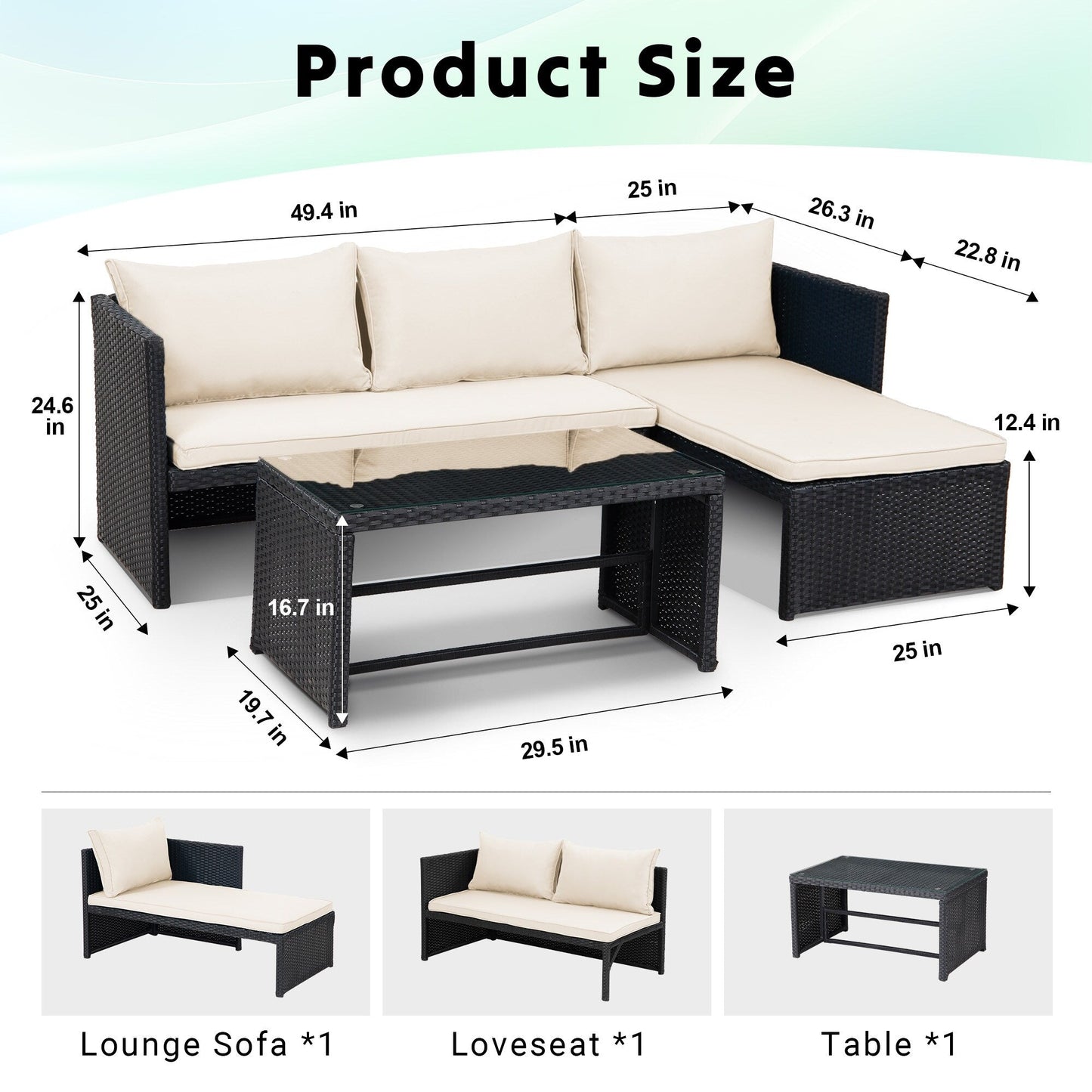 3-Piece Outdoor PE Rattan Furniture Set Patio Wicker Conversation Loveseat Sofa Sectional Couch Cushion
