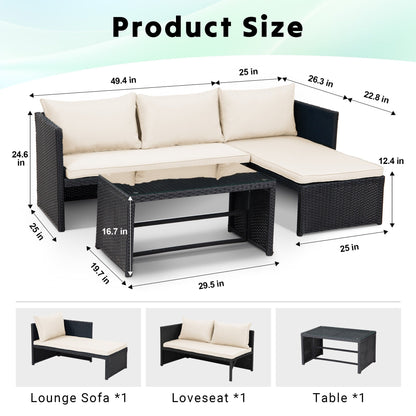 3-Piece Outdoor PE Rattan Furniture Set Patio Wicker Conversation Loveseat Sofa Sectional Couch Cushion