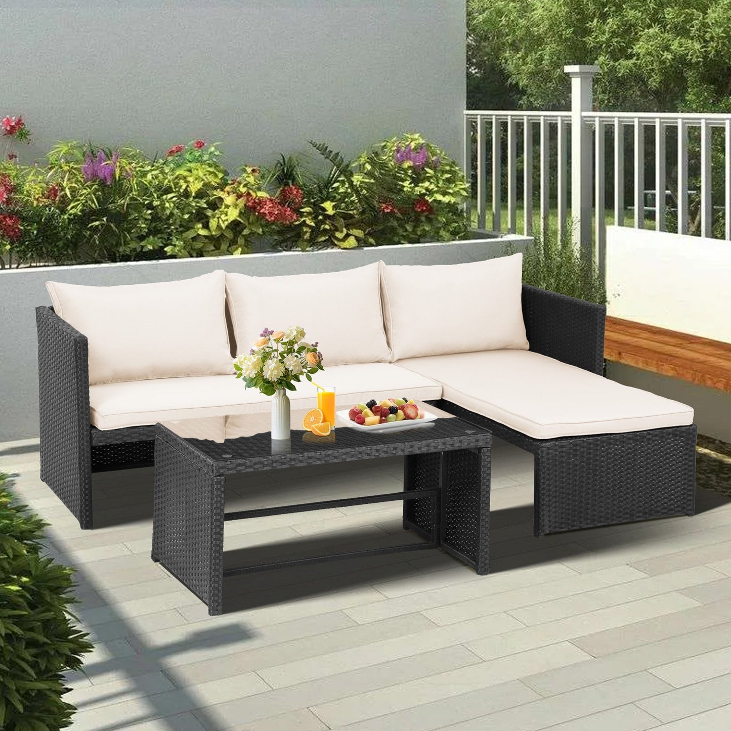 3-Piece Outdoor PE Rattan Furniture Set Patio Wicker Conversation Loveseat Sofa Sectional Couch Cushion