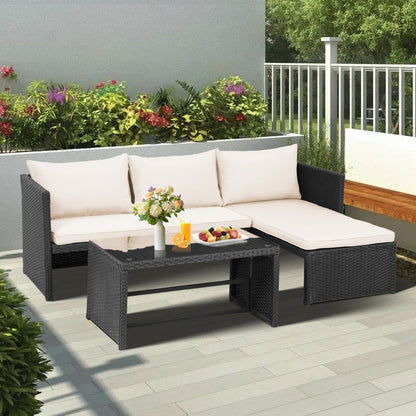 3-Piece Outdoor PE Rattan Furniture Set Patio Wicker Conversation Loveseat Sofa Sectional Couch Cushion
