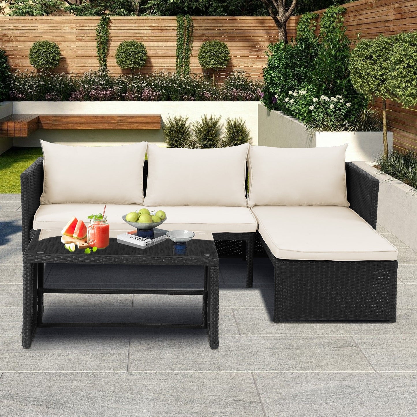 3-Piece Outdoor PE Rattan Furniture Set Patio Wicker Conversation Loveseat Sofa Sectional Couch Cushion