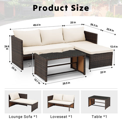 3-Piece Outdoor PE Rattan Furniture Set Patio Wicker Conversation Loveseat Sofa Sectional Couch Cushion