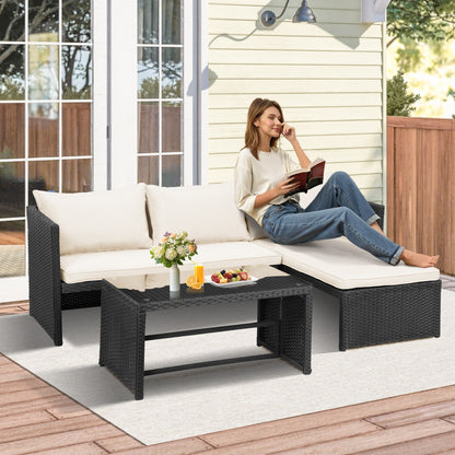 3-Piece Outdoor PE Rattan Furniture Set Patio Wicker Conversation Loveseat Sofa Sectional Couch Cushion