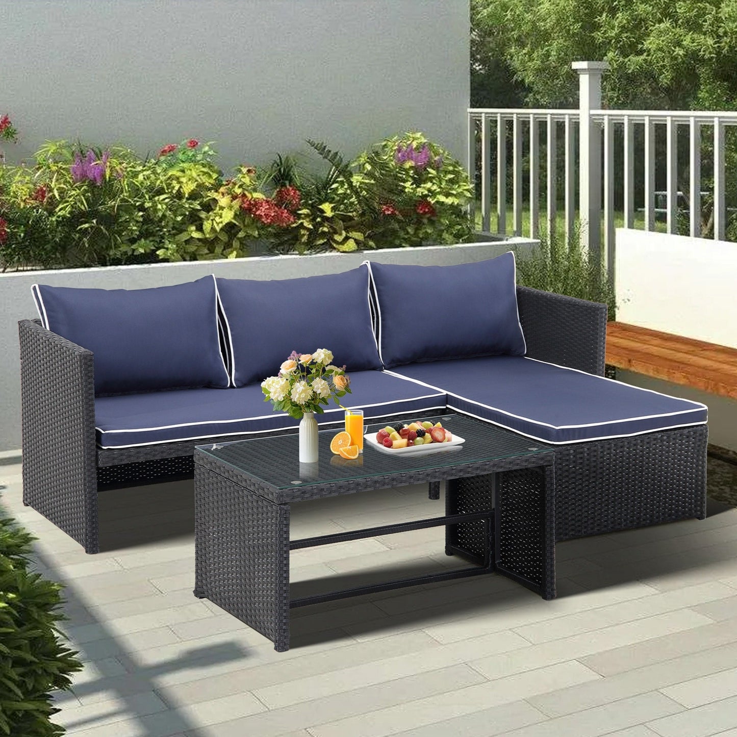 3-Piece Outdoor PE Rattan Furniture Set Patio Wicker Conversation Loveseat Sofa Sectional Couch Cushion