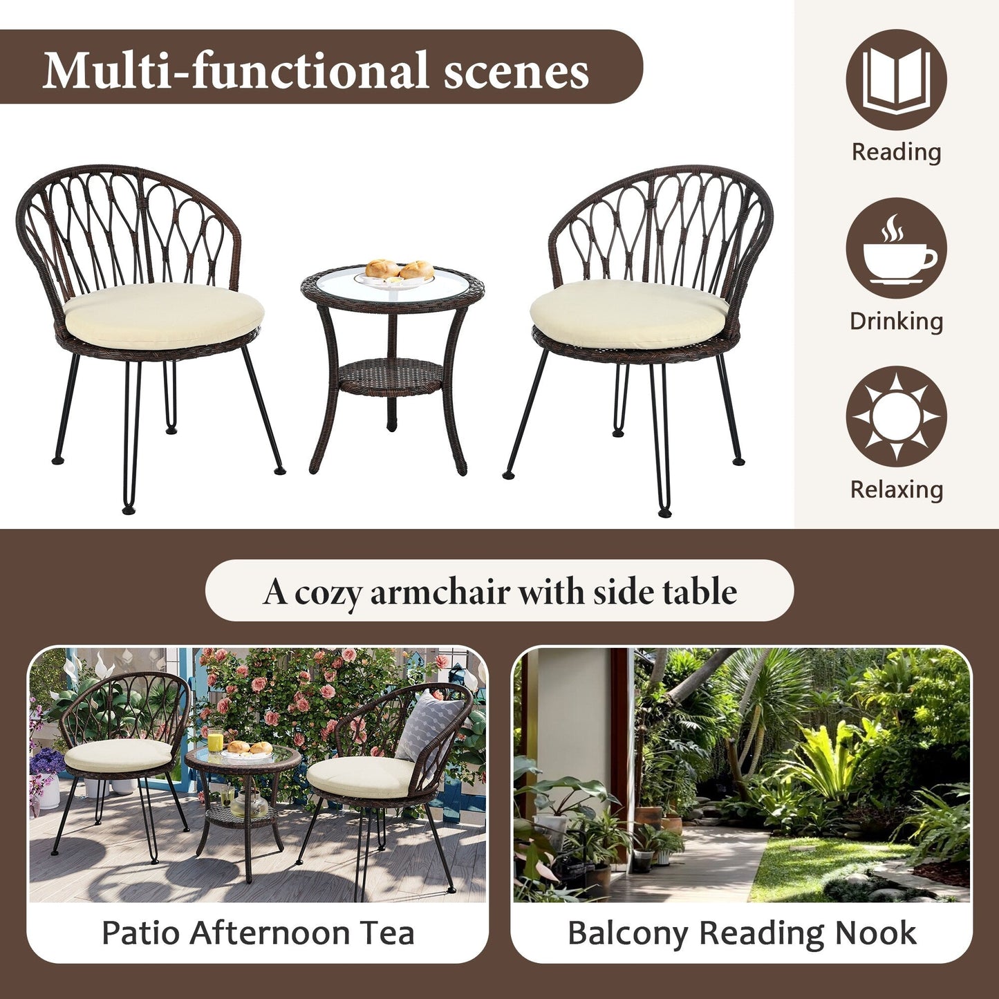 3-Piece Outdoor Patio Rattan Conversation Leisure Chairs Set with 2 Chair and Glass Coffee Table