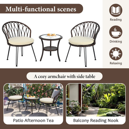 3-Piece Outdoor Patio Rattan Conversation Leisure Chairs Set with 2 Chair and Glass Coffee Table
