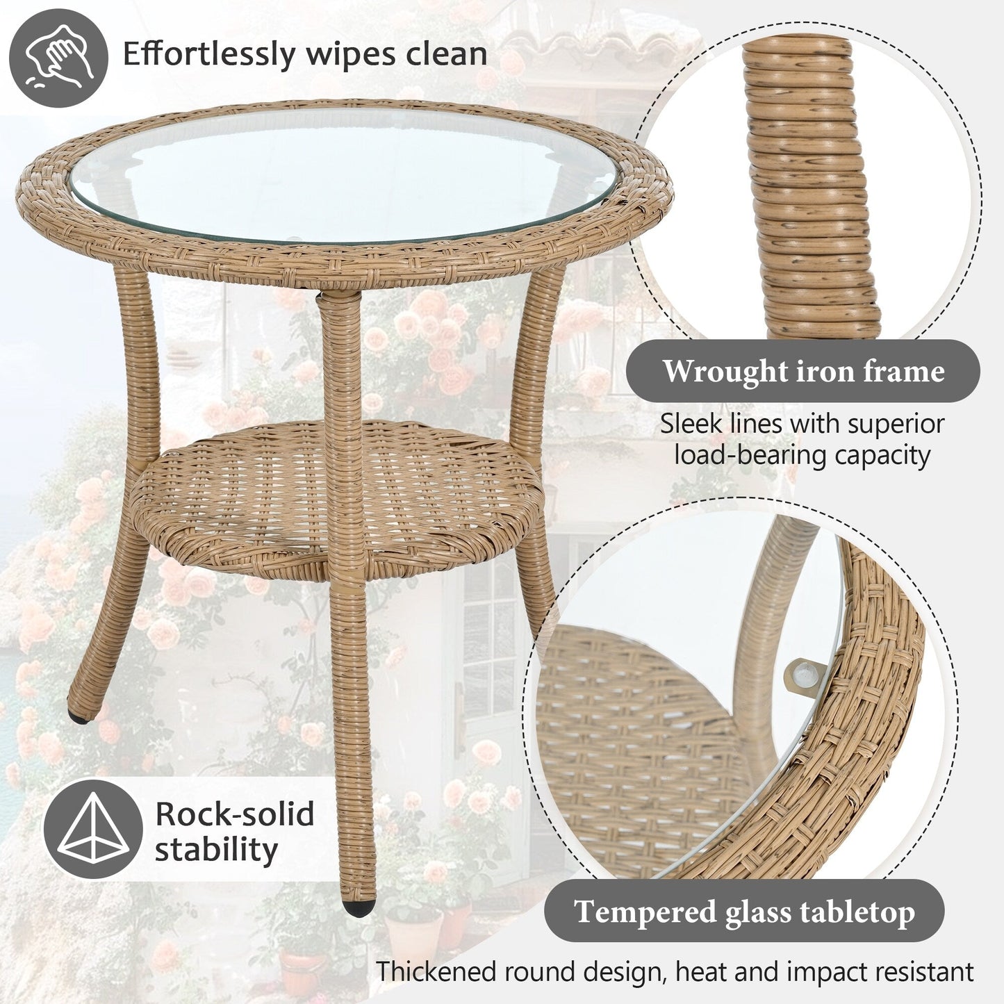 3-Piece Outdoor Patio Rattan Conversation Leisure Chairs Set with 2 Chair and Glass Coffee Table