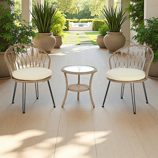 3-Piece Outdoor Patio Rattan Conversation Leisure Chairs Set with 2 Chair and Glass Coffee Table