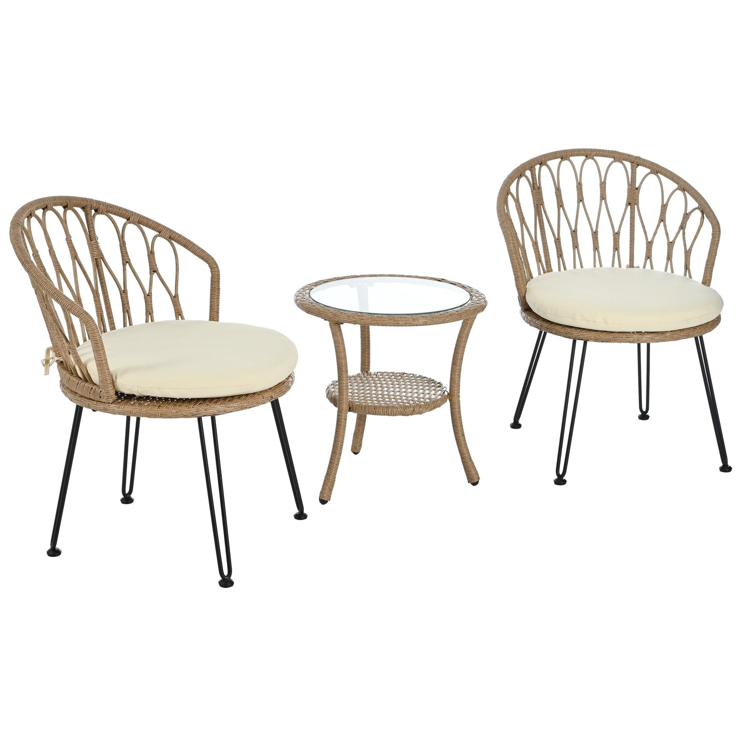 3-Piece Outdoor Patio Rattan Conversation Leisure Chairs Set with 2 Chair and Glass Coffee Table