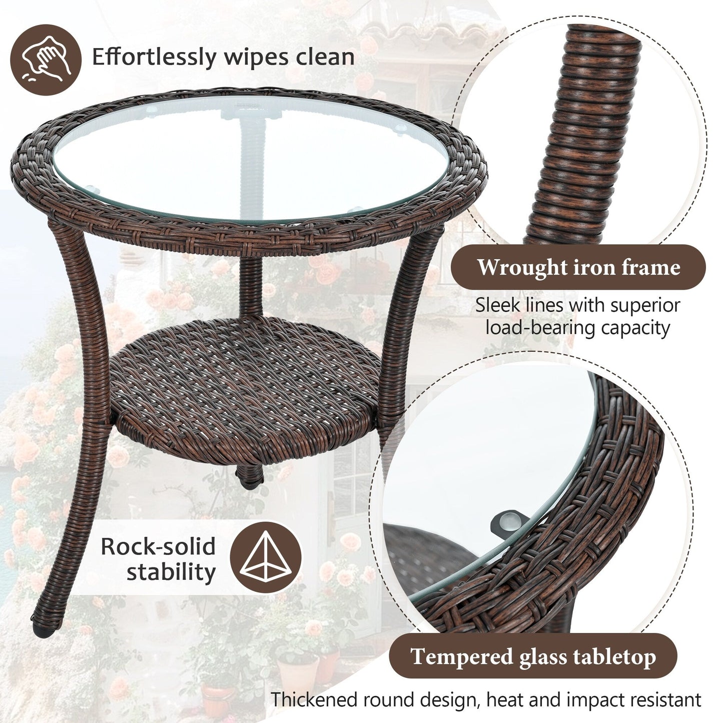 3-Piece Outdoor Patio Rattan Conversation Leisure Chairs Set with 2 Chair and Glass Coffee Table